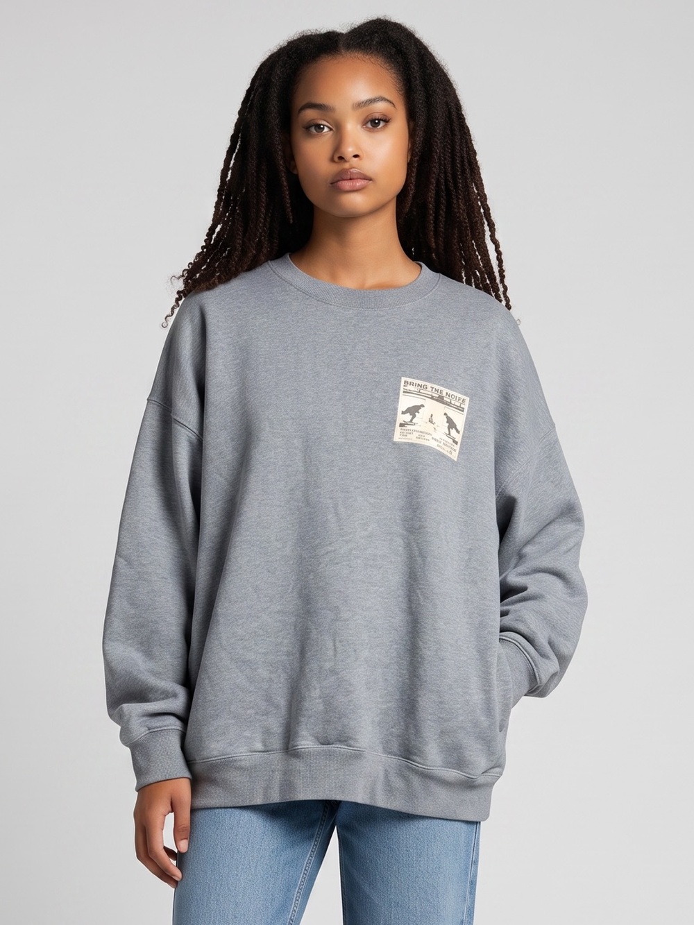 J. Galt Bring The Noize Oversized Gray Pocket Crewneck Sweatshirt